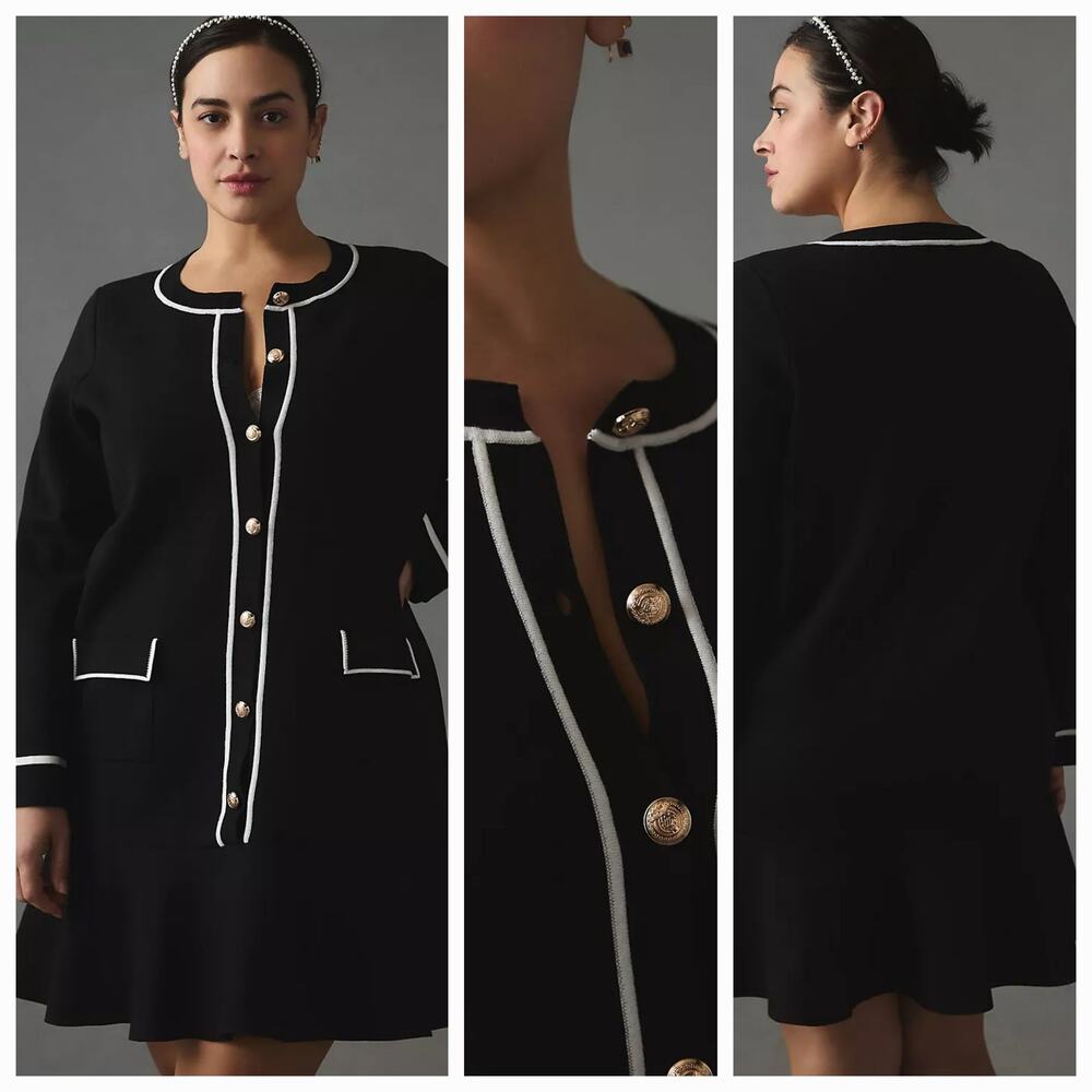 New Anthropologie Endless Rose Mini Sweater Dress $148 LARGE Black Motif